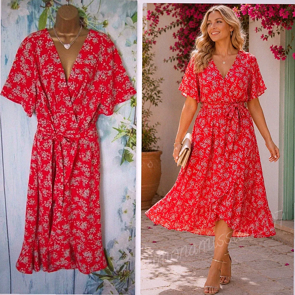 Quiz Midikleid rot Blumen UK 22 Wickeloptik Hochzeit Gast Anlass Party Gürtel