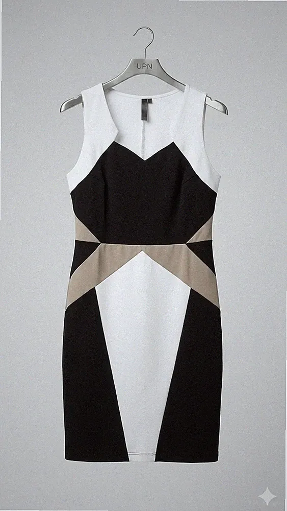 RAINBOW Etuikleid Gr. 38 Schwarz Weiß Taupe Bodycon Grafik-Look TOP