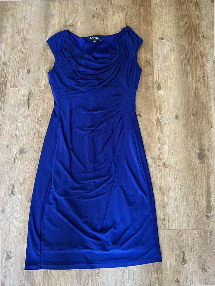 Ralph Lauren Etuikleid Gr. 10 (40) Stretch, Knielang, Party/Cocktail Blau - Top