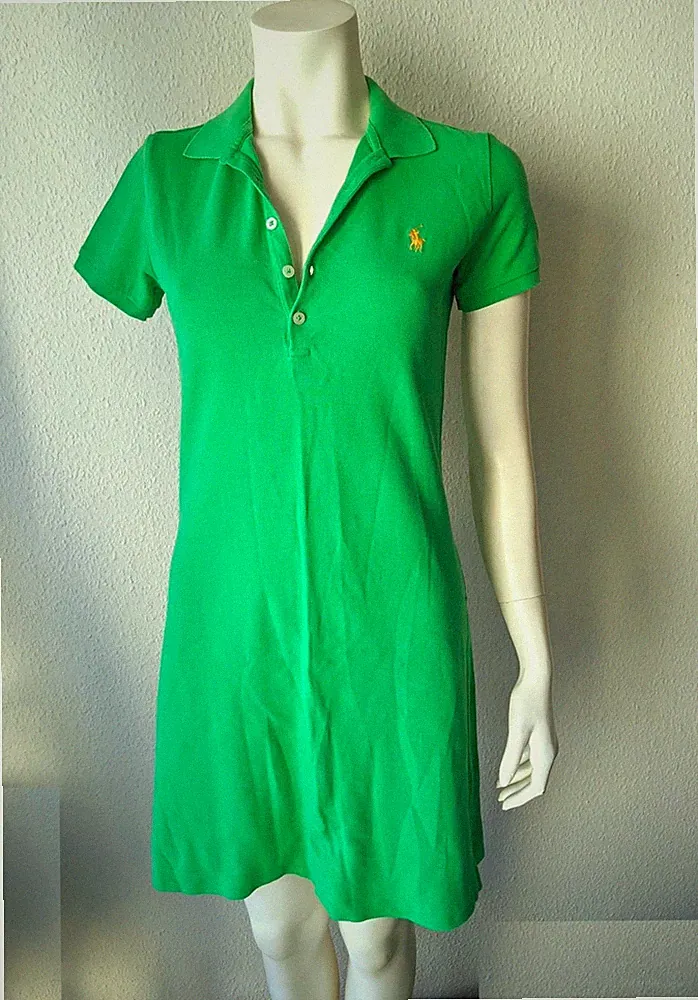 RALPH LAUREN POLO Kleid Gr. S LIMETTEN GRÜN Orange Polo Pony Kragen Top Zustand