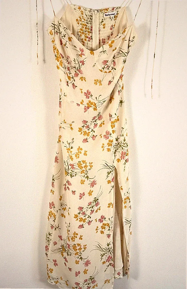 Reformation Juliette Damenkleid UK 10 cremefarben Pete Blumen Midi Hochzeitsgast