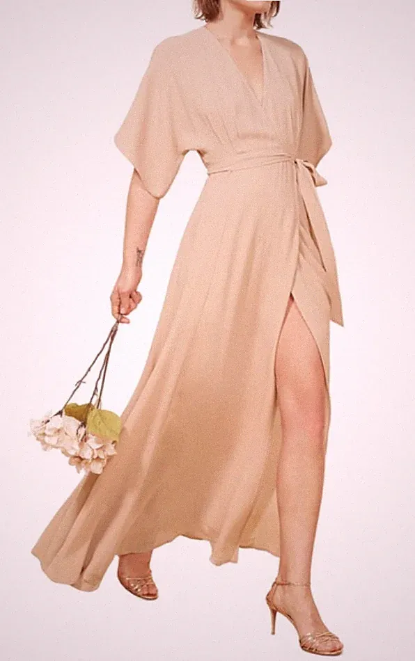 REFORMATION Winslow Kleid Champagner Maxi Wickel Größe XS Neu mit Etikett Atemberaubend UVP 350€