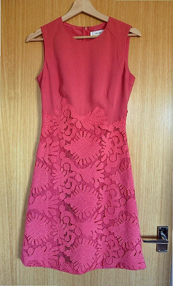Reiss Damen Kleid 6 Rebbie Koralle Anlass Hochzeit Gast Midi Sommer Spitze