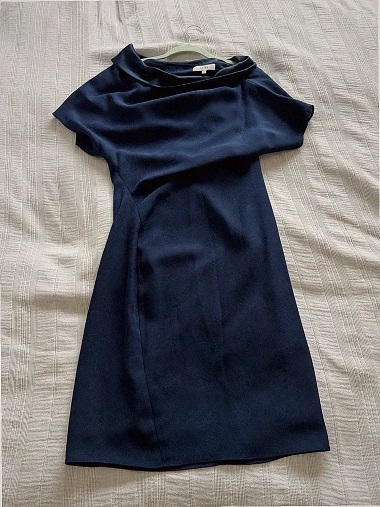Reiss dunkelblau drapiert Anlass Kleid Größe 8 gefüttert gefalteter Ausschnitt Hochzeitsgast