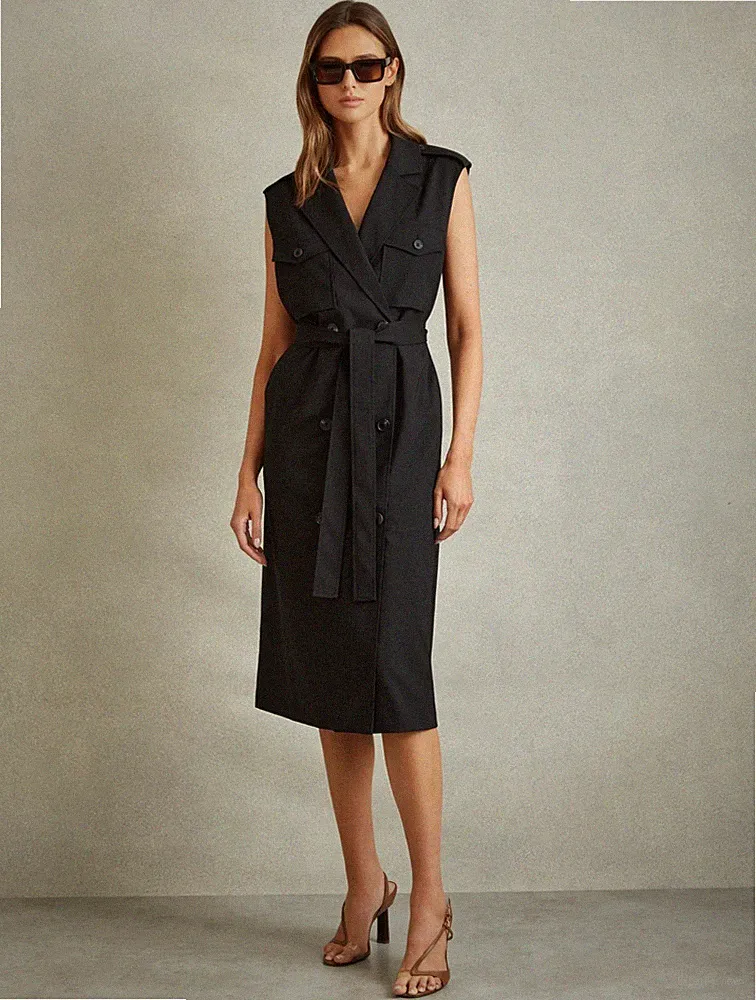 Reiss Kimora zweireihiges Midikleid Wollmischung Schwarz UK Größe 10