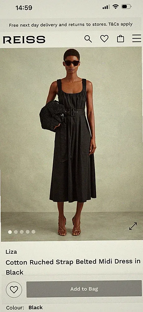 REISS Liza Midikleid 100 % Baumwolle geraffte Träger Gürtel Schwarz UK Größe 10