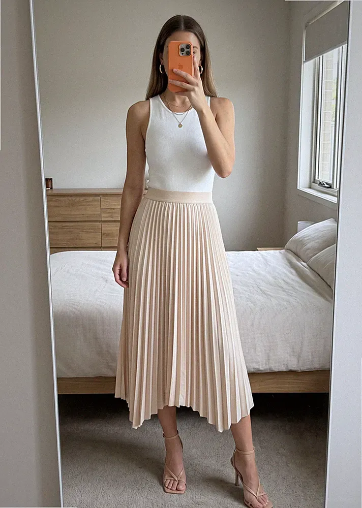 REISS Marnie Hybrid Strick Midi Kleid in Elfenbein/Nude Gr. S (UK Größe 8/10)