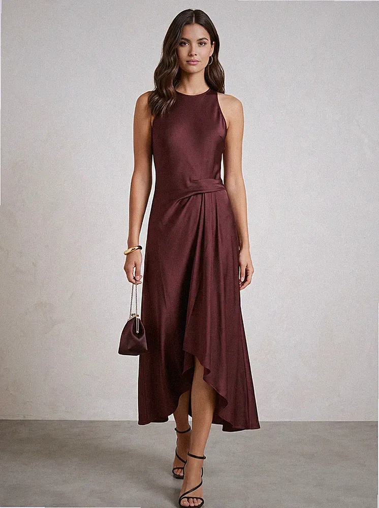 Reiss Micah burgunderrotes drapiertes Satin-Midikleid UK-Größe 10 Hochzeit Gast Anlass