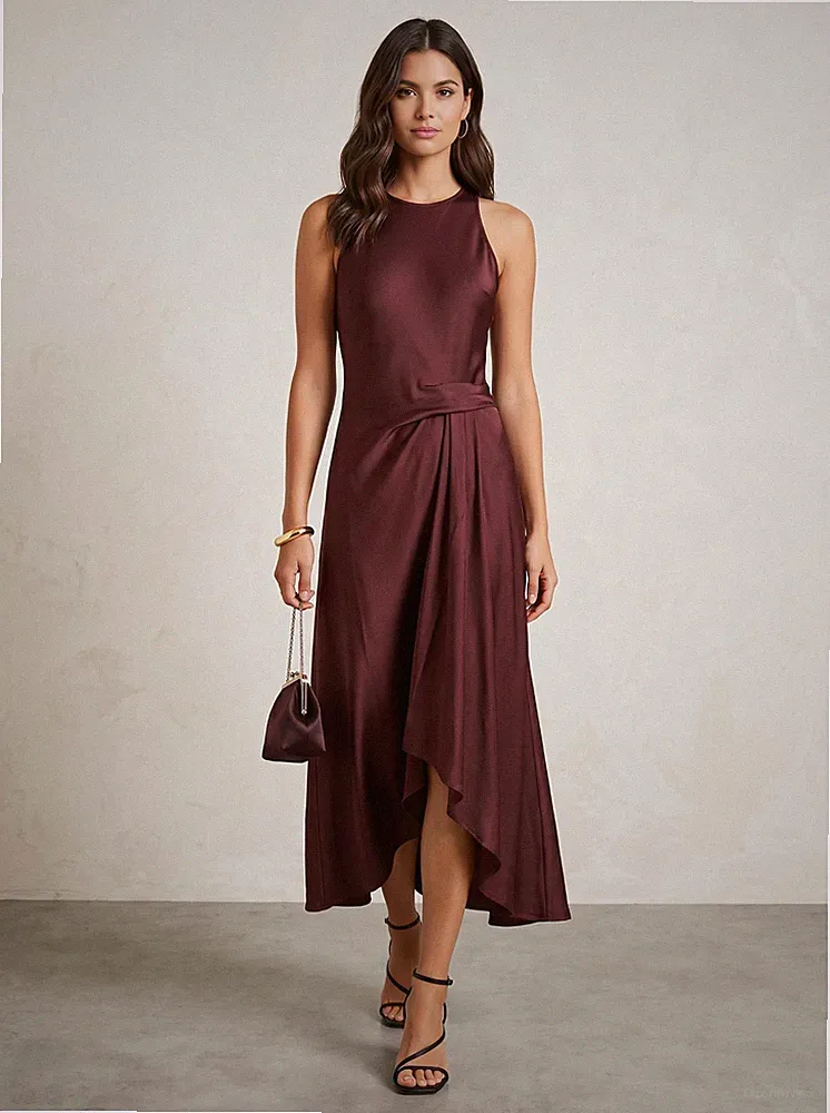 Reiss Micah burgunderrotes drapiertes Satin-Midikleid UK-Größe 14 Hochzeit Gast Anlass