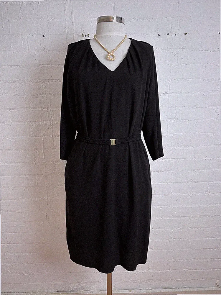 RENE LEZARD Kleid 40 Schwarz L Taschen Gürtel Tunika V-Ausschnitt Fließend TOP