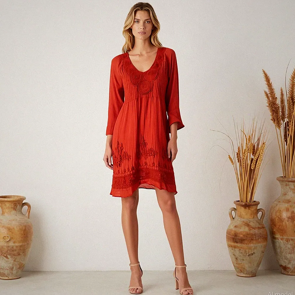 Repeat Boho Lagenlook Knielang Kleid Rot Baumwolle Hänger 3/4 Arm Peasant S