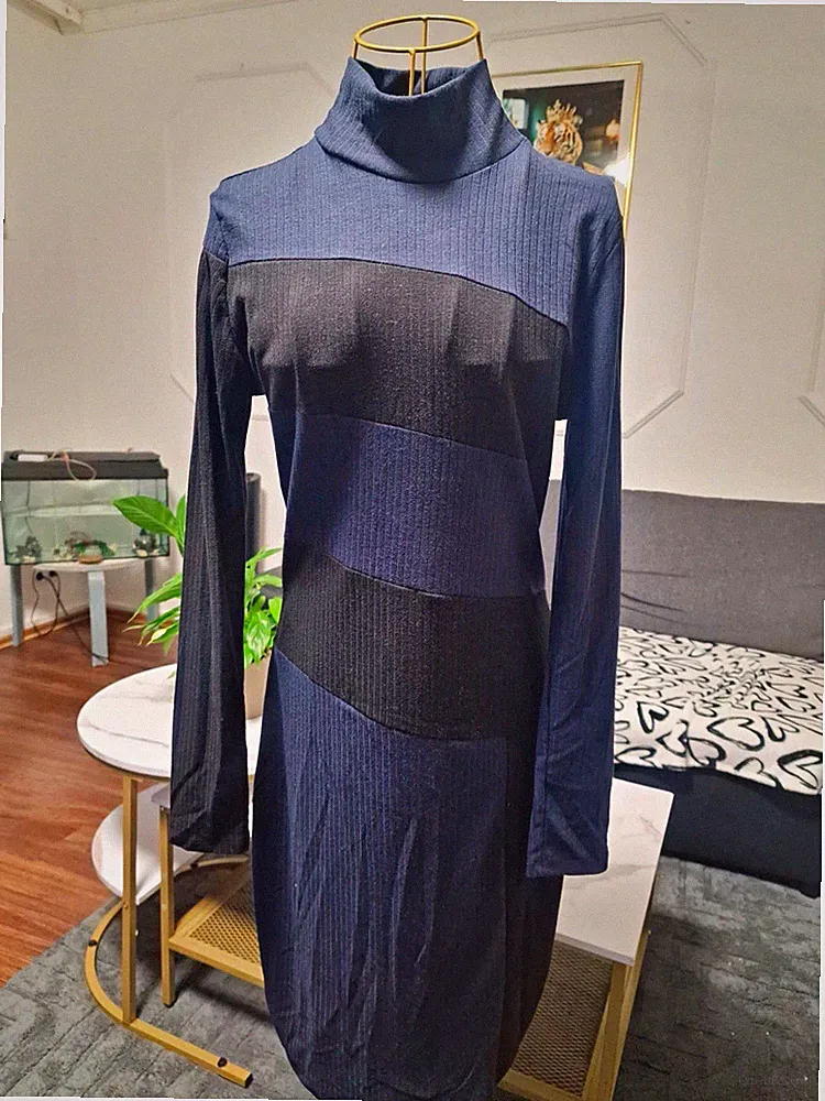 RESERVED Damen Etuikleid Gr. L Blau/Schwarz Midi Langarm Rollkragen Jersey