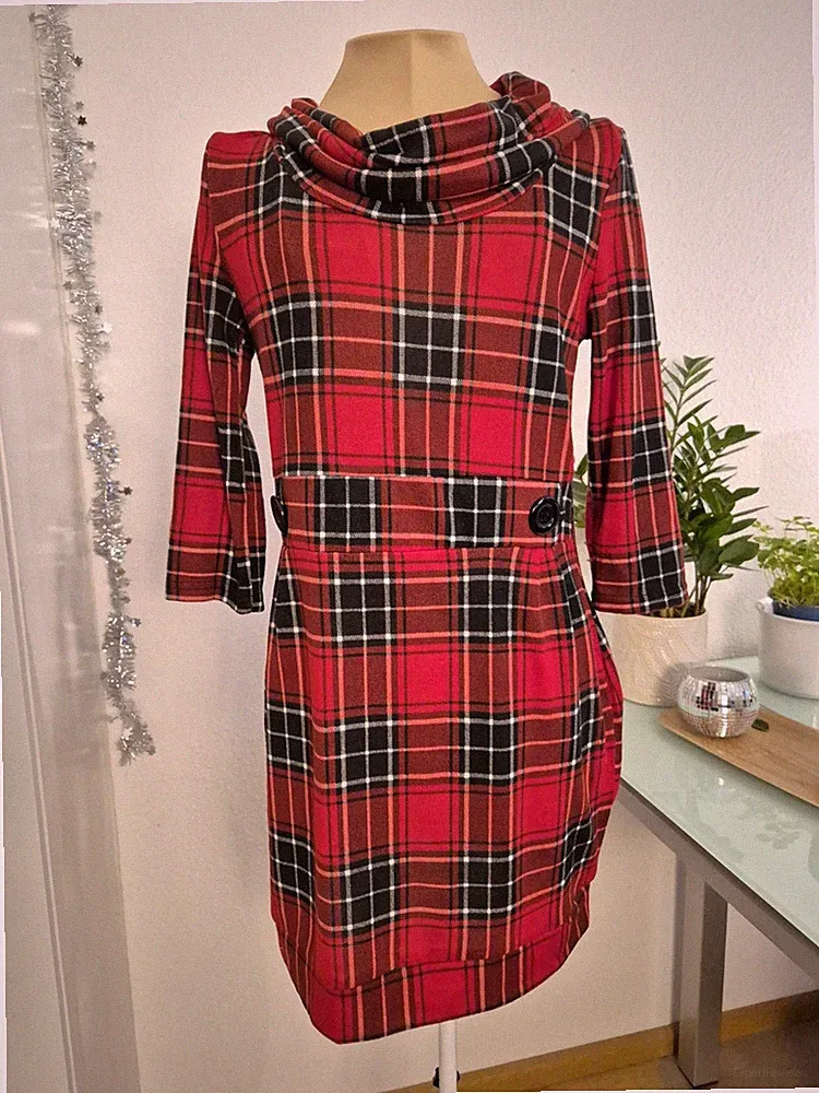 Retro Karo Kleid Rot Schwarz Kariert Wasserfallkragen Etuikleid 3/4 Arm | S (36)