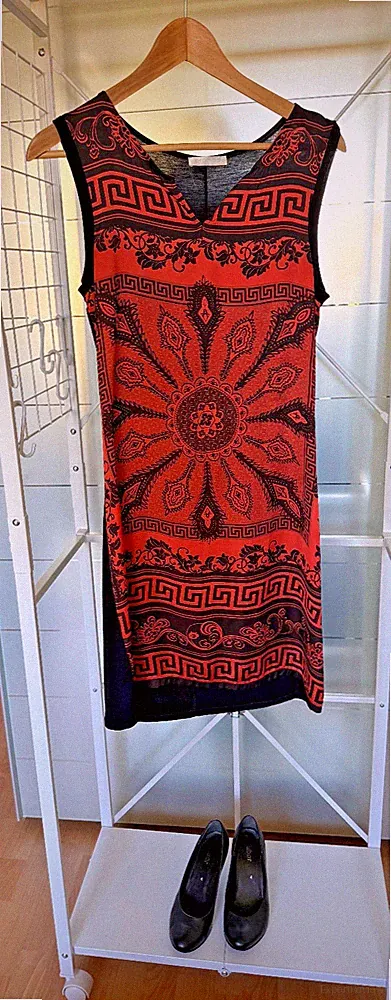 Retro Kleid mini, XS - S / 34 -36, schwarz-orange, 60er 70er Stil