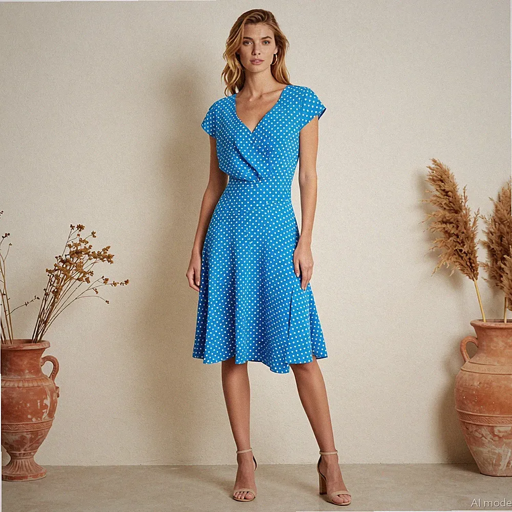 Retro Rockabilly Midi Kleid Blau Weiß Gepunktet Baumwollmischung A-Linie Mod M