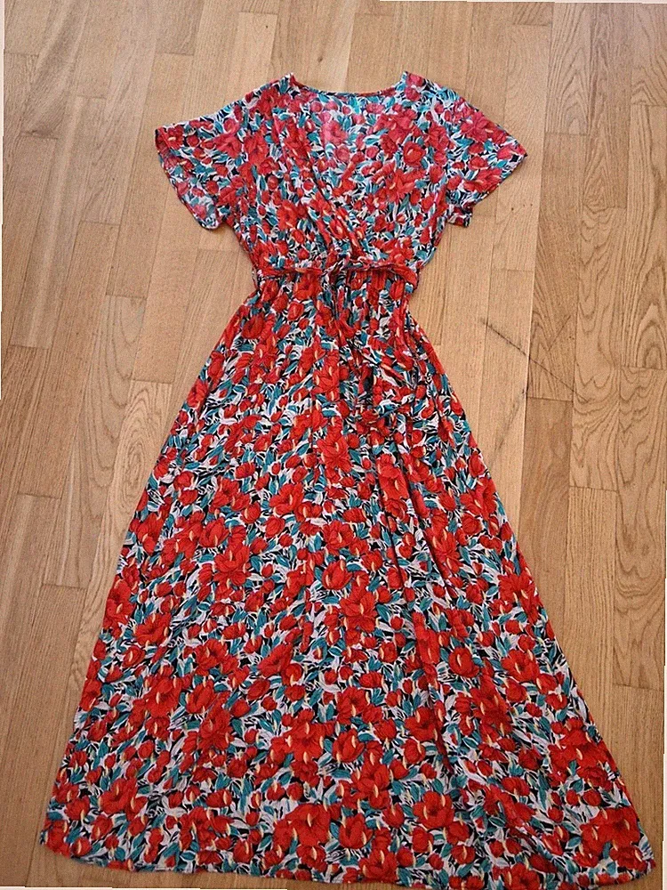 Retro Sommerkleid Wickelkleid Viskose Blumenmuster rot A-Linie S 36 WIE NEU