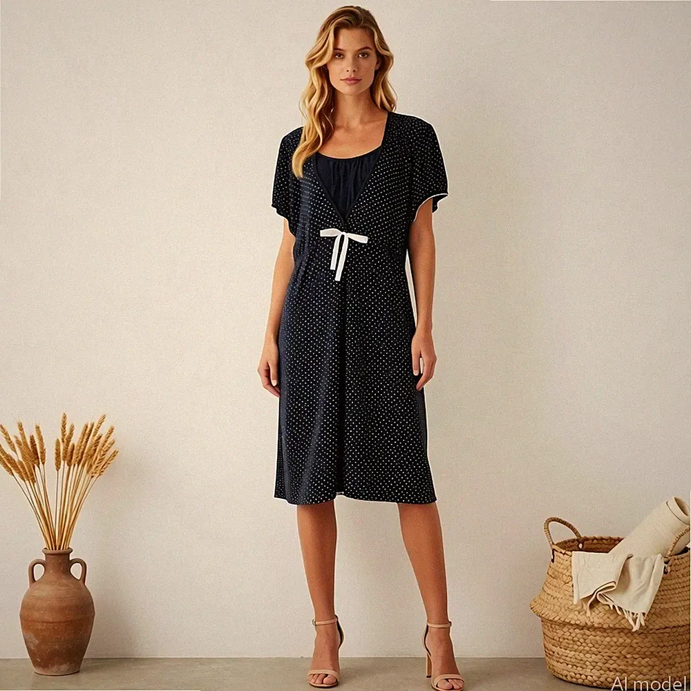 Retro Verspielt Midi Kleid Blau Weiß Sterne Baumwolle Hänger Kurzarm Mod XXL