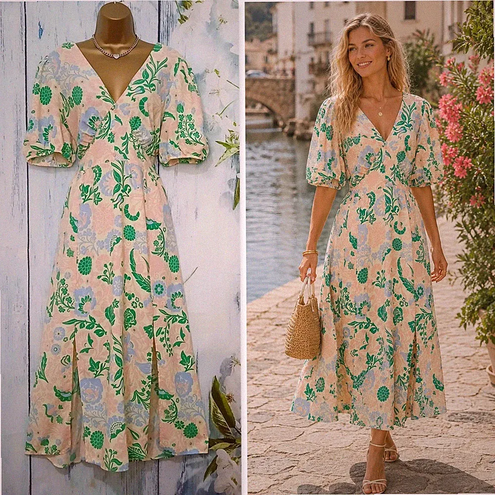 River Island Blumen Midikleid Größe 16 Boho Urlaub Rock Splits Sommer Anlass