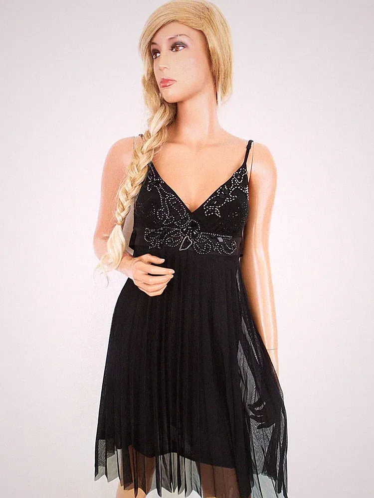 RIVER ISLAND Damen A-Linien-Kleid Gr. 34 Schwarz Ärmellos Kristalle Knielang