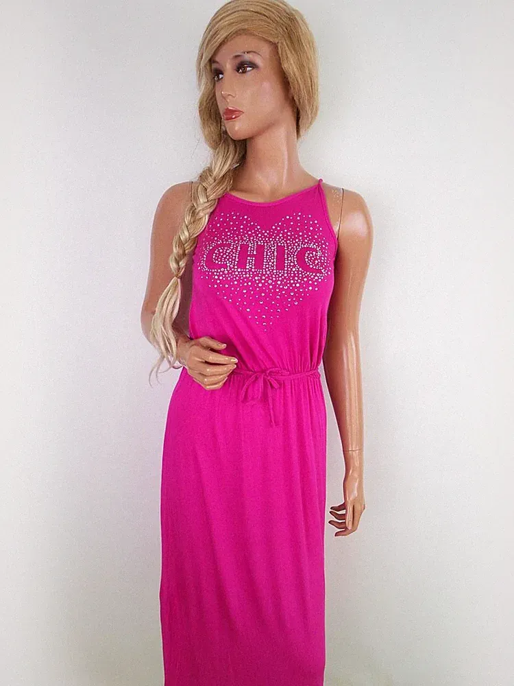 RIVER ISLAND Damen A-Linien-Kleid Gr. Rosa Viskose Ärmellos Kristalle Midi