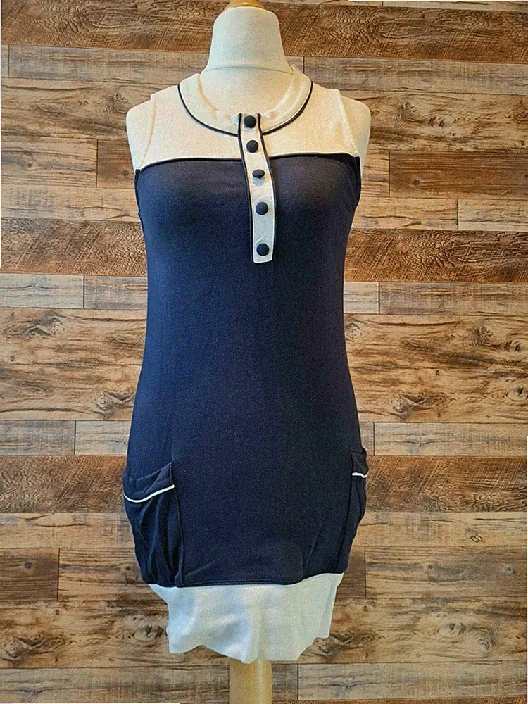 River Island dunkelblau weiß Colour Block ärmelloses Kleid UK 8 maritim Sommer