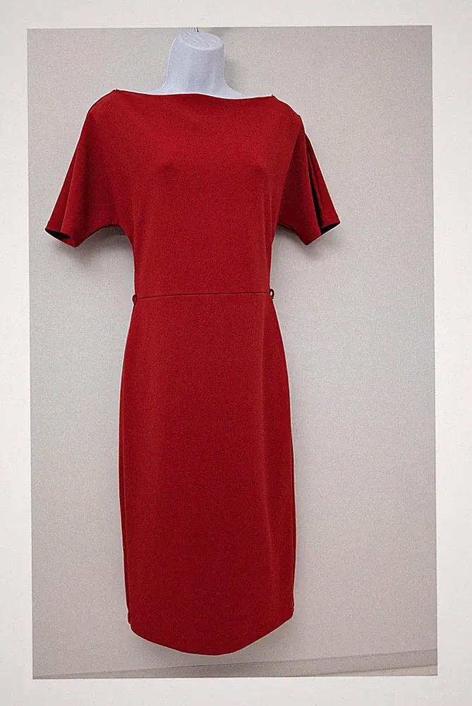 River Island rot U-Boot-Ausschnitt Midi Etui-Kleid Gürtelschlaufen hinten Schlitz Smart UK 10