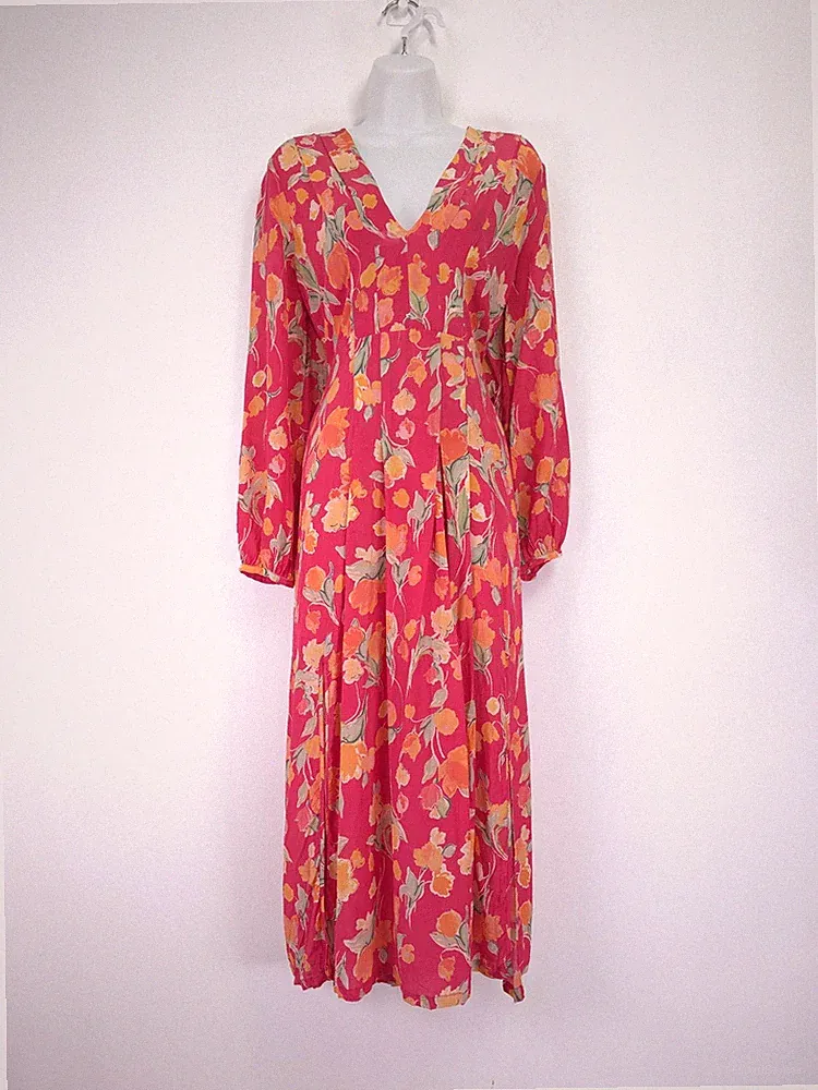 RIXO Kamelien Kleid Größe 14 Rosa Orange Blumen Seide Midi Hochzeit Gast Party
