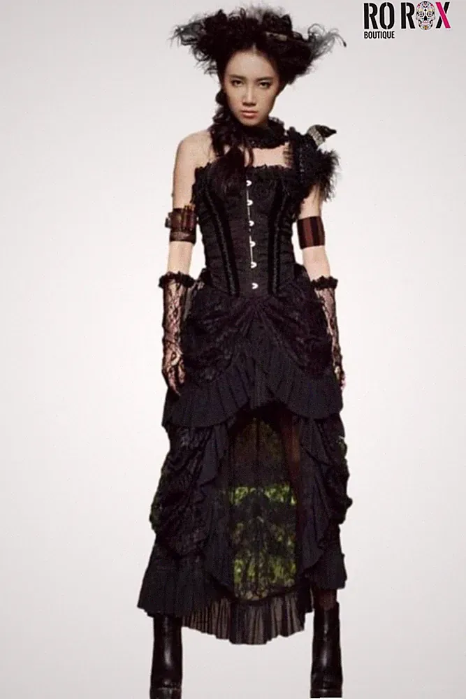 Ro Rox Cyra Rock High Low Rüschensaum Sexy Gothic Spitze Plissee Maxi Asymmetrisch