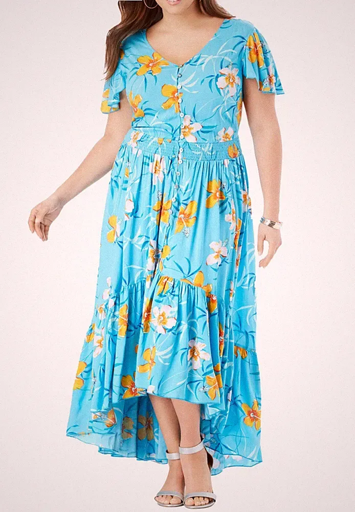 Roamans Kleid Übergröße 14 16 22 blau Knopfleiste hoher niedriger Saum Kurzarm