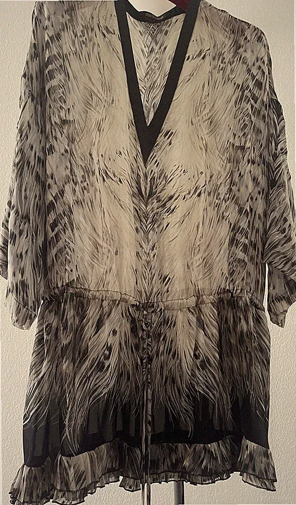 Roberto Cavalli A-Linien-Kleid 42 Seide Tierdruck schwarz V-Ausschnitt langarm
