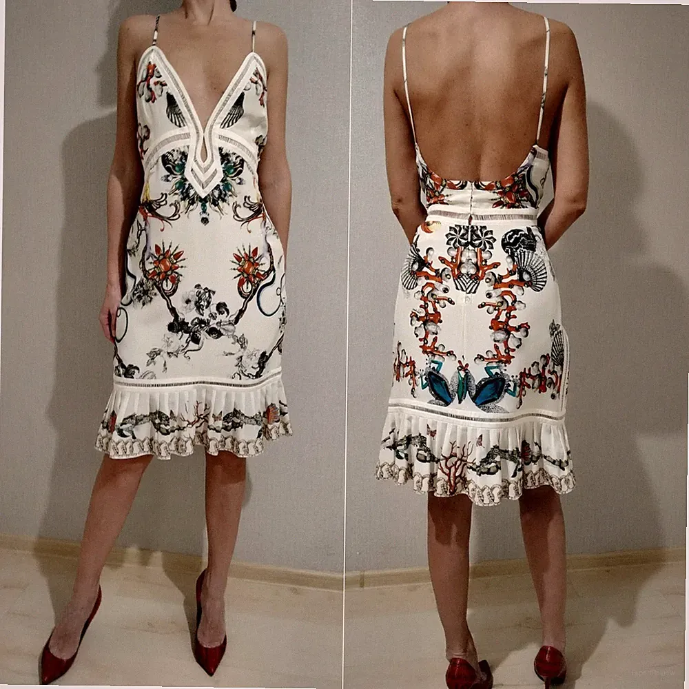 Roberto Cavalli Kleid Seide Chiffon Sea World Print bestickt hinten offen IT44