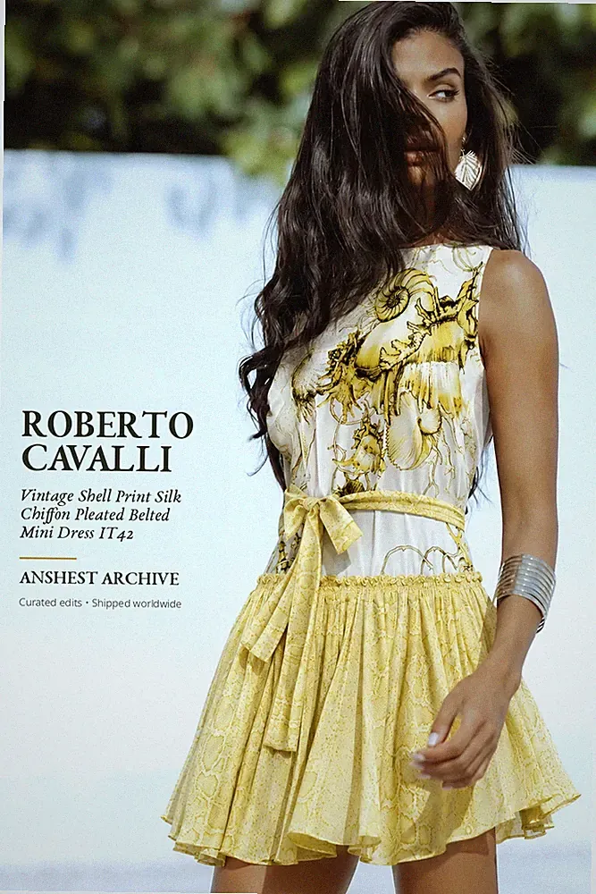 Roberto Cavalli Vintage Shell Print Silk Chiffon Pleated Belted Mini Dress IT42
