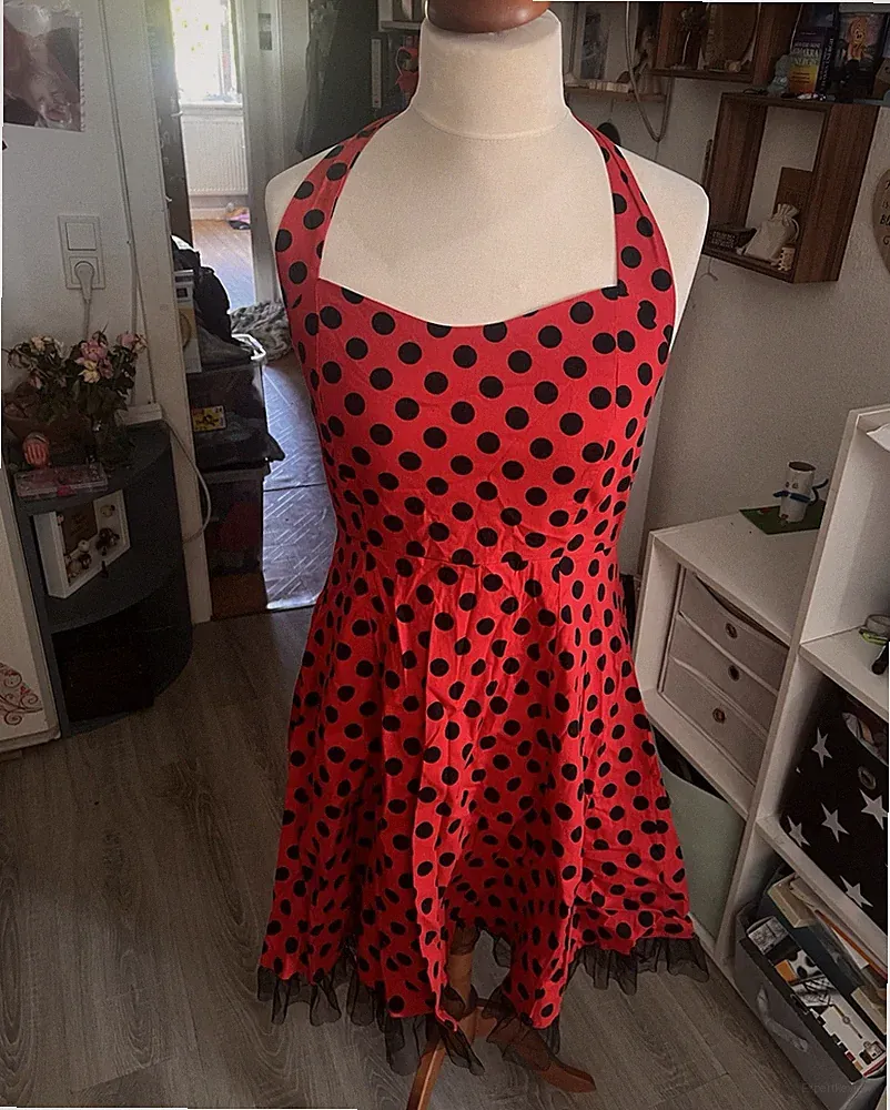 Rockabilly Damen A-Linien Neckholder-Kleid gepunktet rückenfrei knielang 42