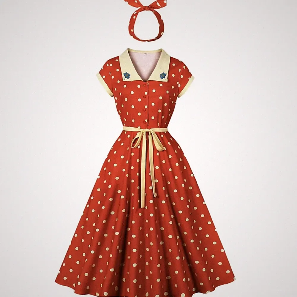 Rockabilly Damen Kleid Elegant Vintage Sommer Polka Dot A Linie Knielang Größe L