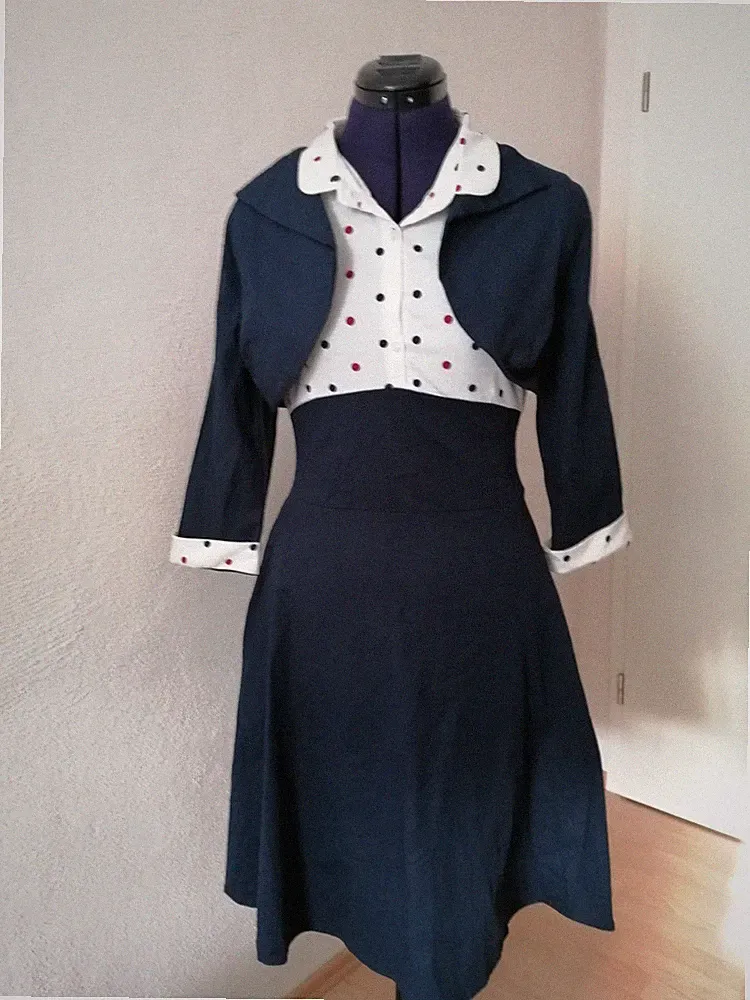 Rockabilly Retro Set: Kleid m. Bolero |Navy & Polka Dots |50s Pin-up-Stil Gr. S