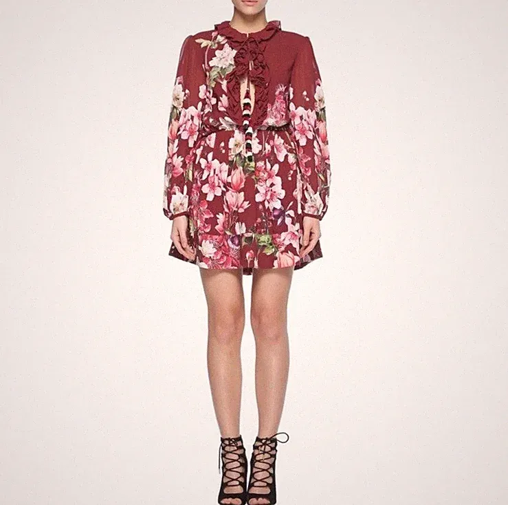ROCOCO SAND Claret Silk Floral Patch Embroidered Dress Wedding Guest
