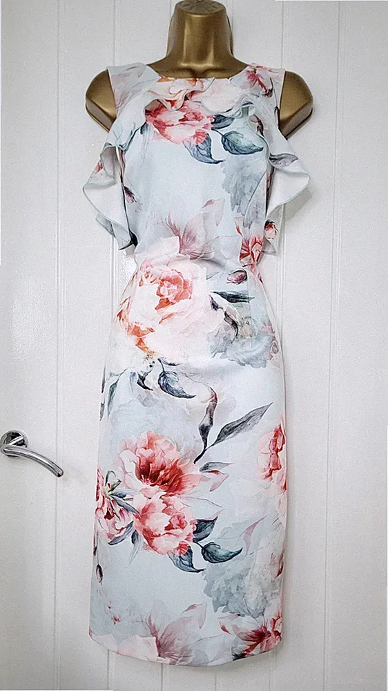 Römer Gr. 12 Blumen Rose Stretch Rüschen Bodycon Hochzeit Gast Abendkleid sehr guter Zustand