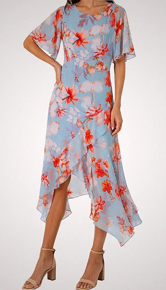 Roman Damen blau Blumen Midikleid Schwimmärmel Taschensaum Hochzeit Gast UK 16