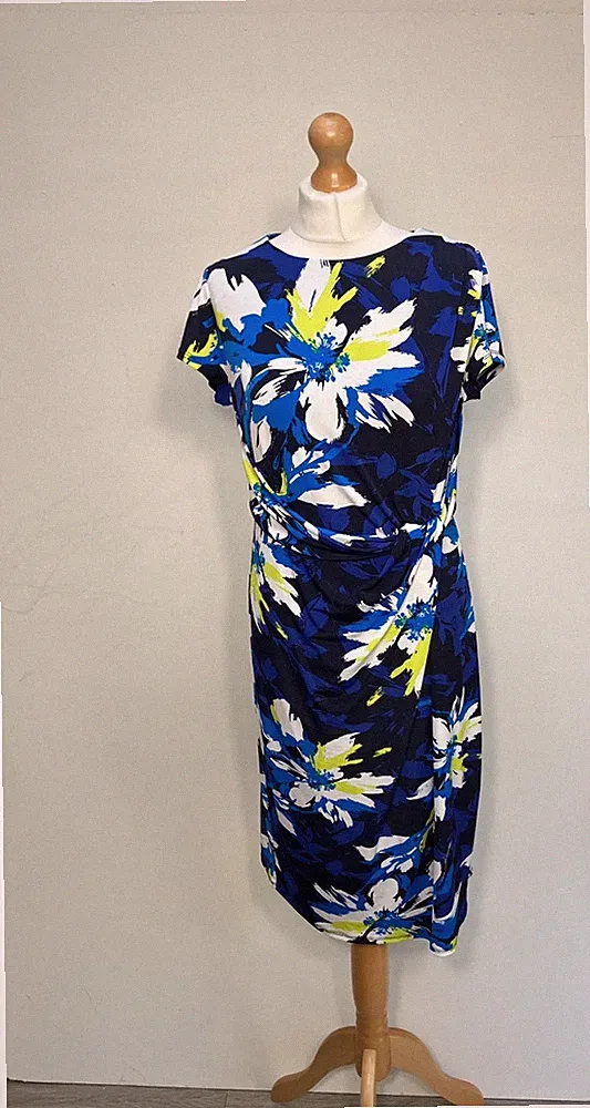 Roman Kleid Damen UK 14 dunkelblau weiß limette Twist Knoten Taille Blumen Midi