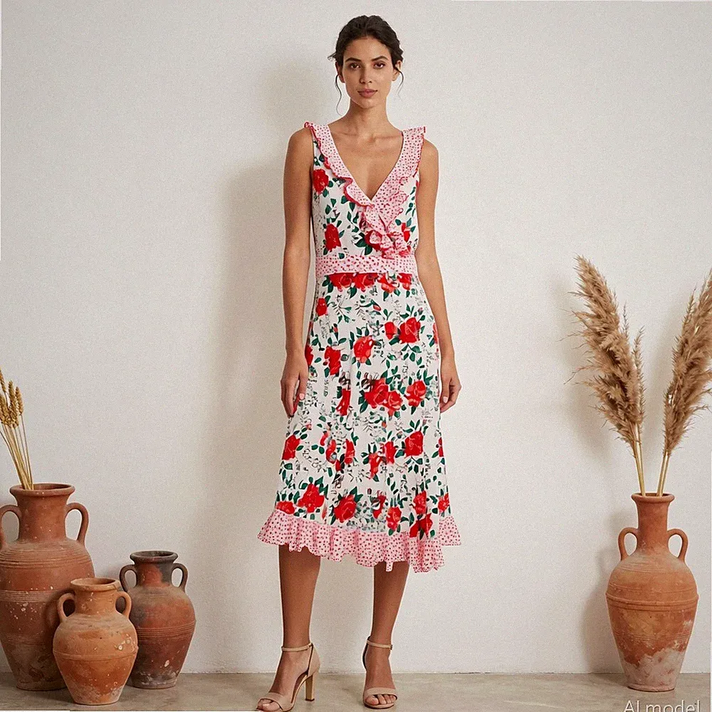 Romantik Boho Midi Kleid Mehrfarbig Blumen Baumwolle A-Linie M&S Per una Gr. 42