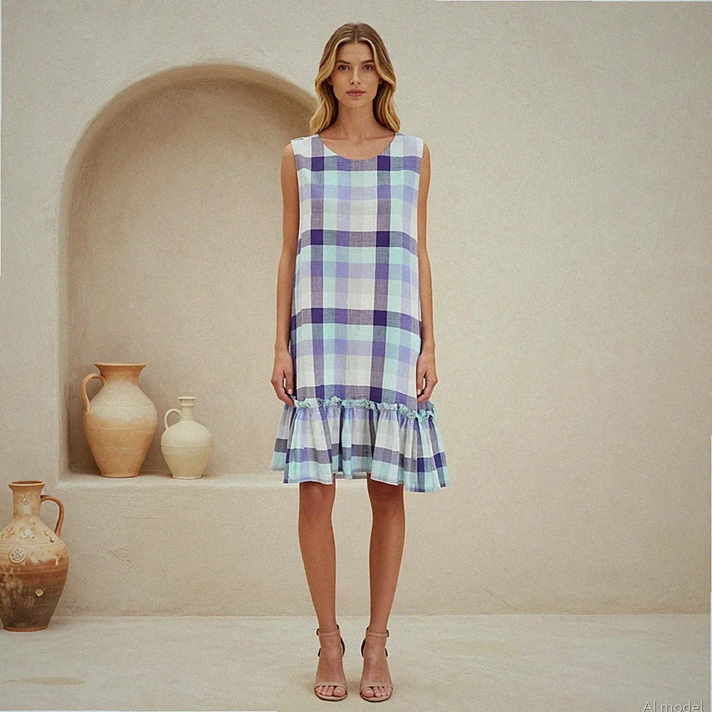 Romantik Business Knielang Kleid Mehrfarbig Kariert Baumwolle Shift Ärmellos L