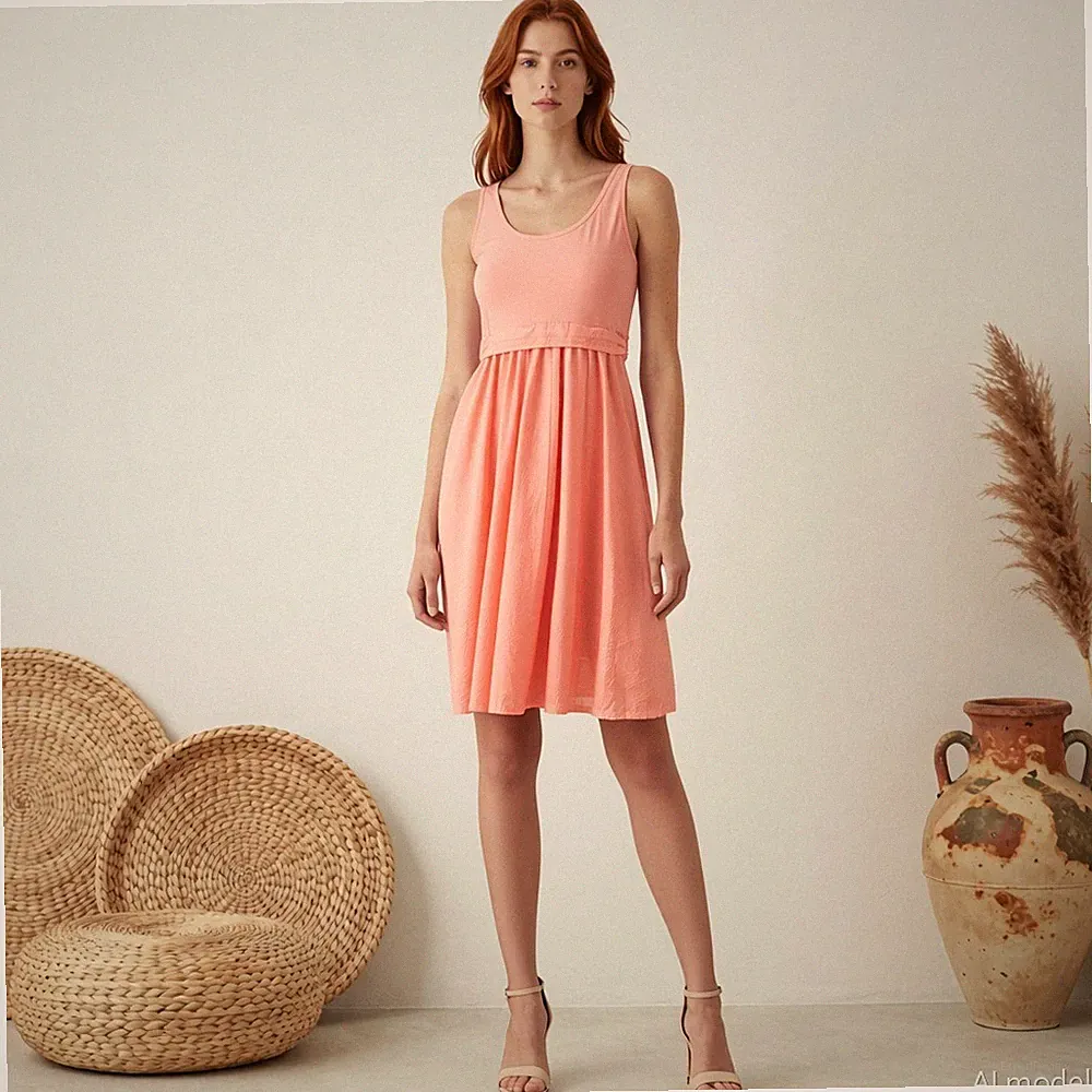 Romantik Peasant Knielang Kleid Rosa Jersey Baumwollmischung A-Line Ärmellos M