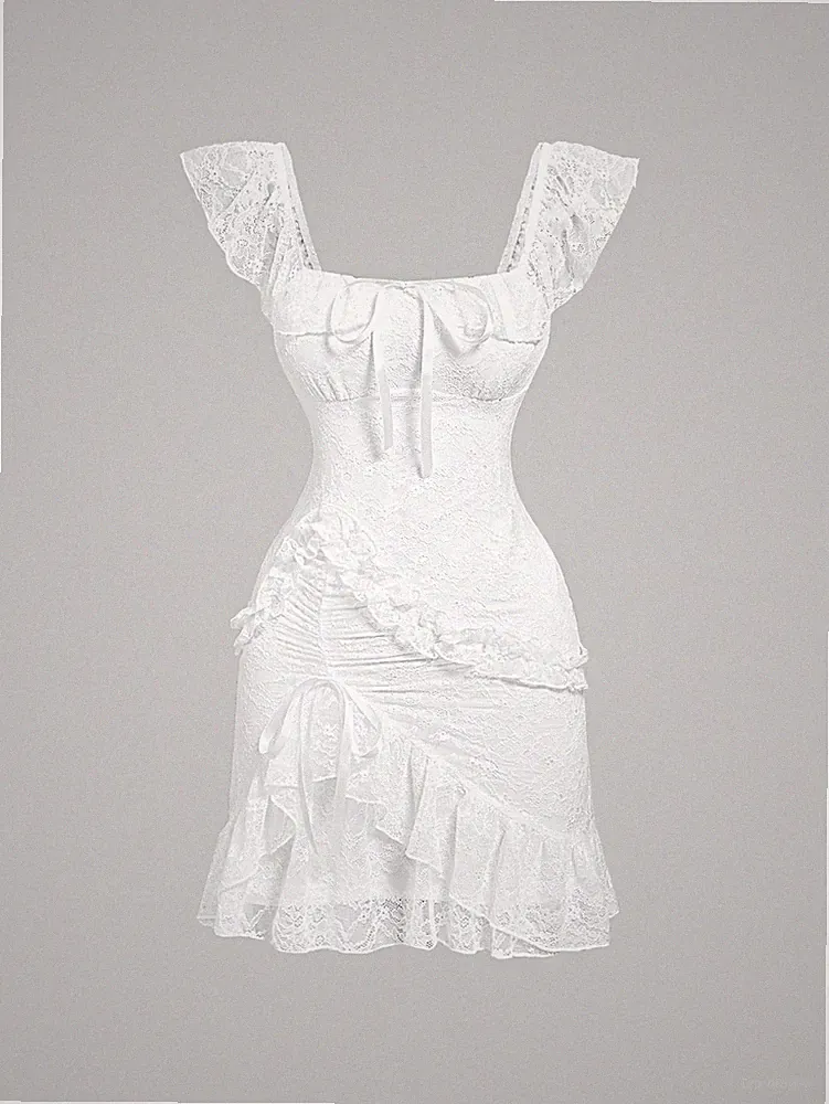 Romantisches weißes Ballettkleid mit Spitzenrüschen für Hochzeitsgäste