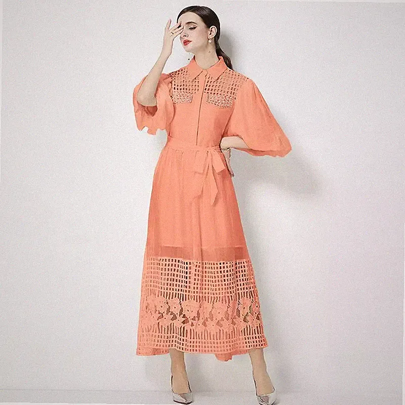 Rosa Langes Sommerkleid Fließend Tailliert Casual im Stil Französin CF70314