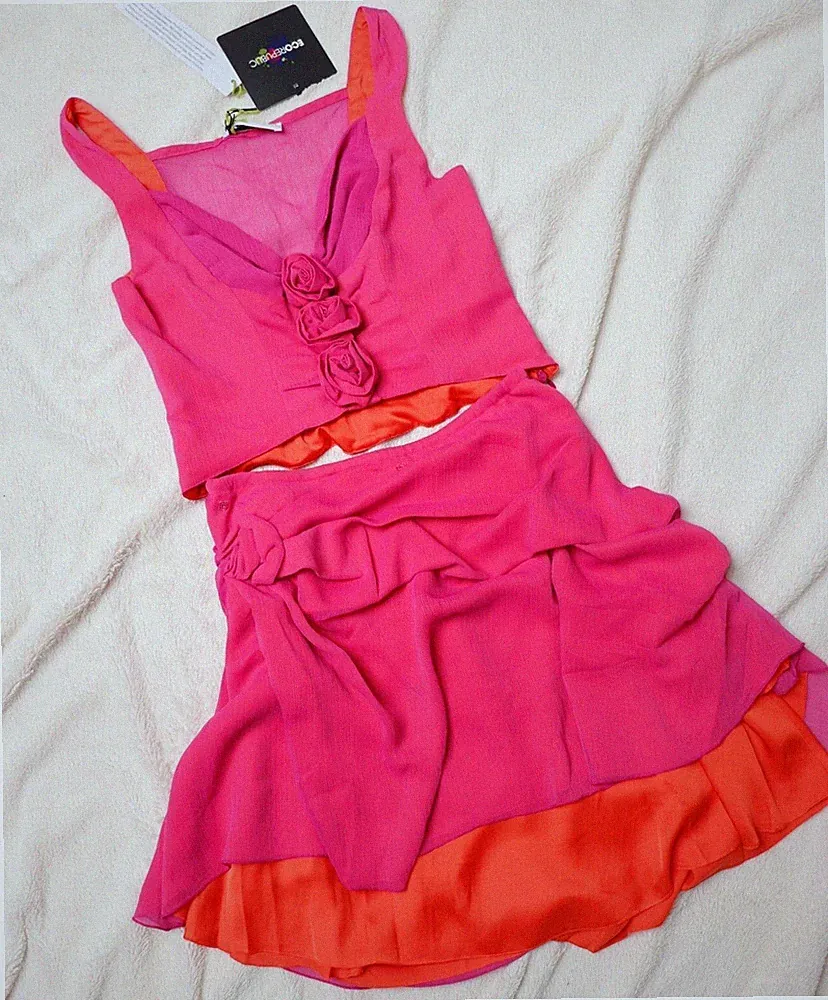 Rosa Pinkes Kleid Bluse Rock Kostüm Color Block Orange Pink S 34 36