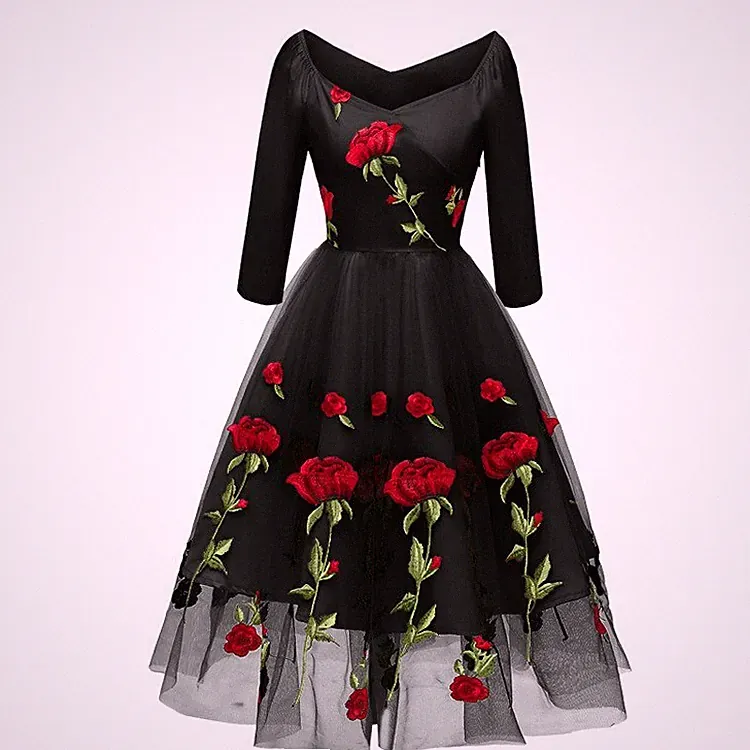 ROSEN KLEID SCHWARZ BAUMWOLLKLEID PIN UP