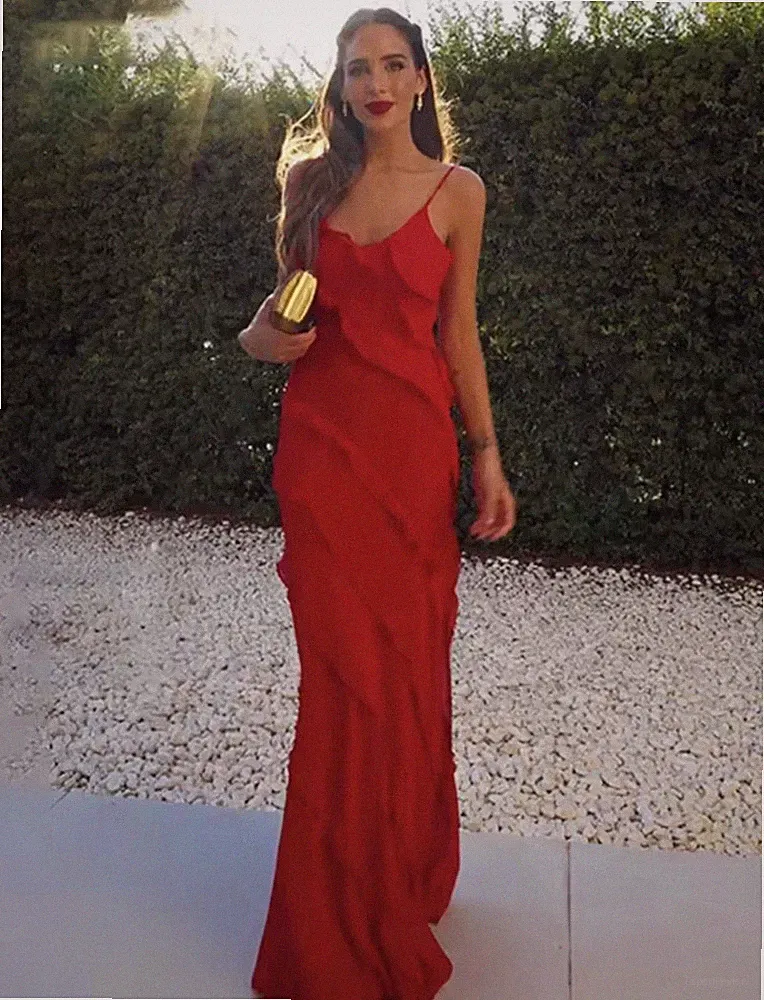 Rotes Maxi Abendkleid, Rüschen Hochzeitsgast langes Kleid - Gr. M (UK 10)
