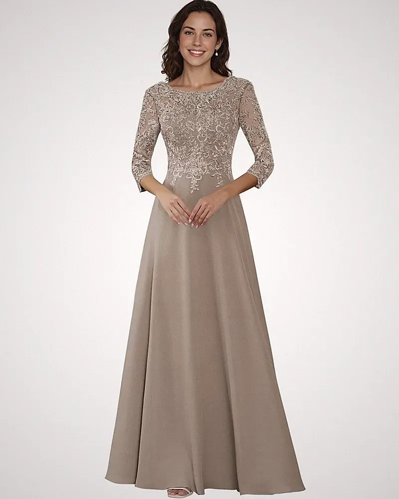 Rundhals Chiffon Spitze Brautmutterkleid mit Ärmeln Abendkleid Hochzeitsgast
