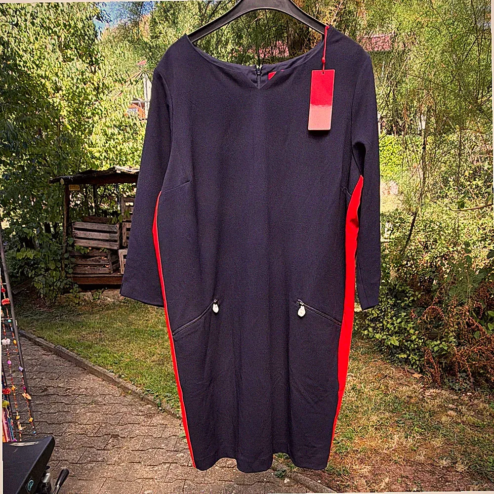 s.Oliver Damen Etuikleid knie-lang Blau/Rot 3/4 Ärmel RV Taschen Gr.46
