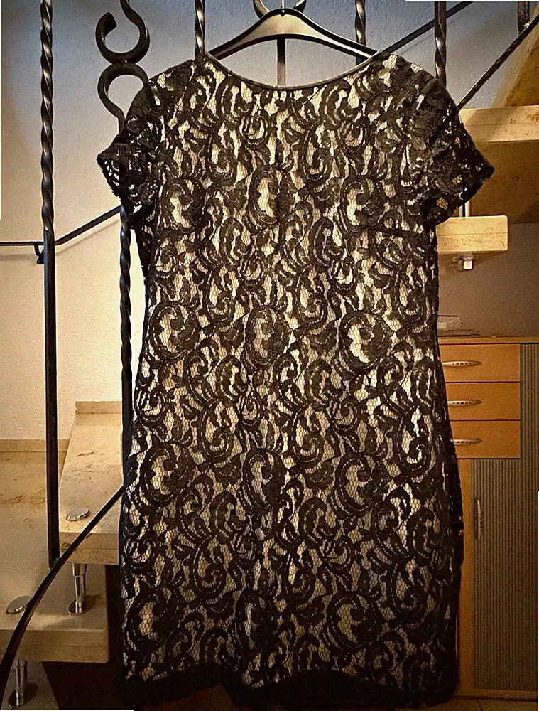 s.Oliver Damen Etuikleid Spitze schwarz/beige kurz Kurzarm Reißverschluss Gr. 44